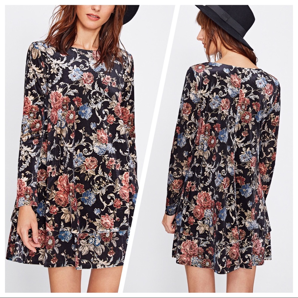SOLD OUT•NWT•M-XL•BohoChic Velvet Floral Mini Swing Dress•NWT - Picture 2 of 8